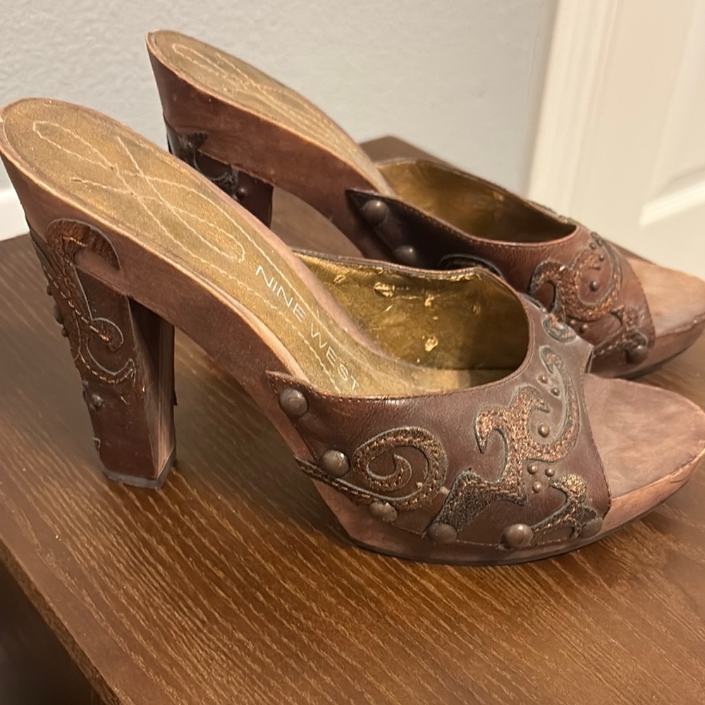 Nine West Brown Chunky Heel Mules